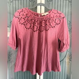 LOFT Mauve Eyelet Lace Detail Top